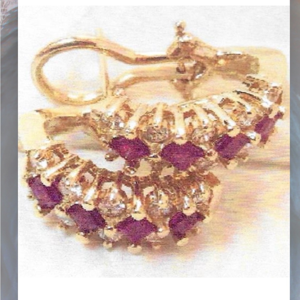 14K Yellow Gold Huggie Earrings Natural Ruby + Diammonds - See Attach Appraisal